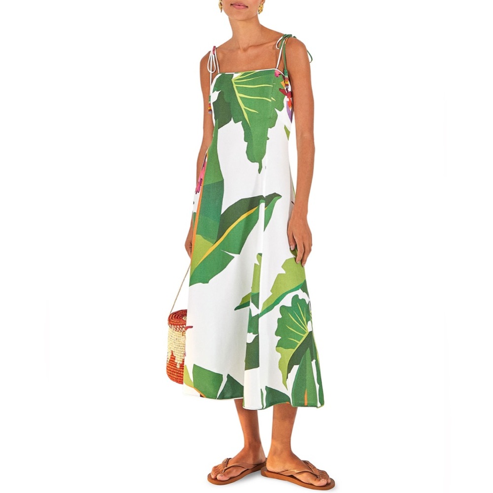FARM Rio White Midi Dress with Bold Green Tropical Leaf Print